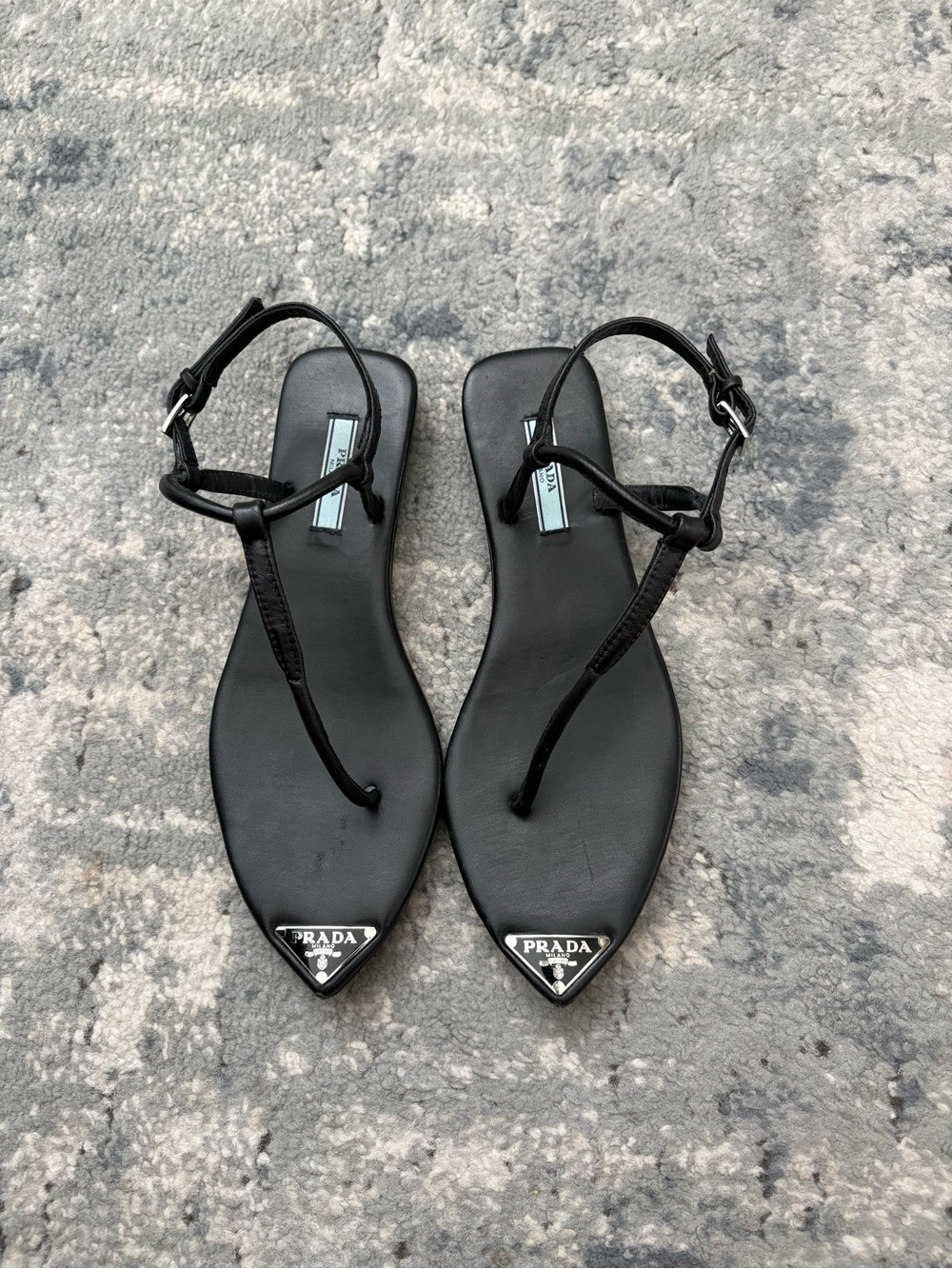 Prada Brushed Leather Thong Pointed Toe Sandals, Women’s EURO 37, Black